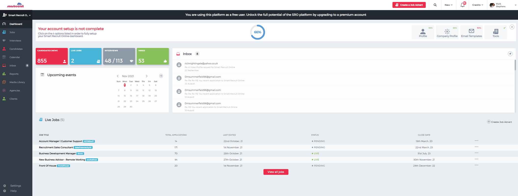 Recruiter dashboard homepage screenshot